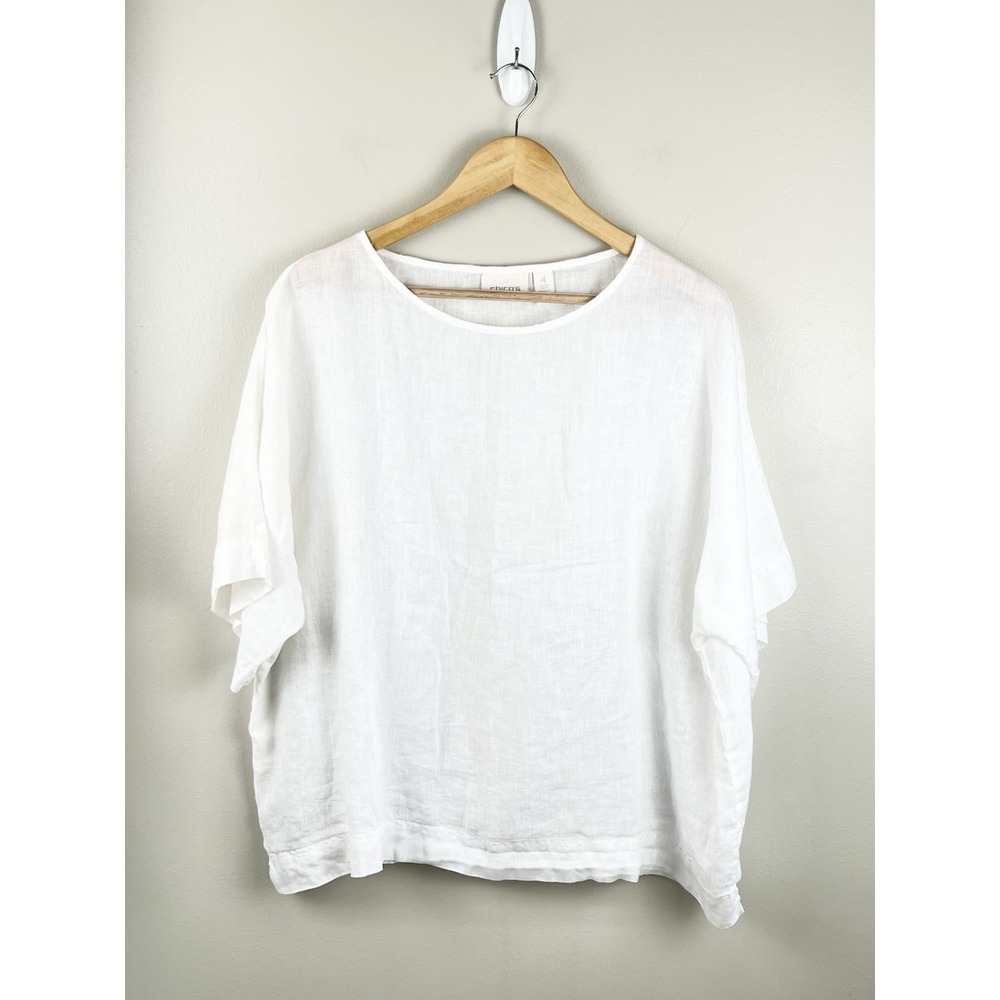 Chico's 100% Linen Boxy Top Short Sleeve Oversized Size 4 White Large Minimalist